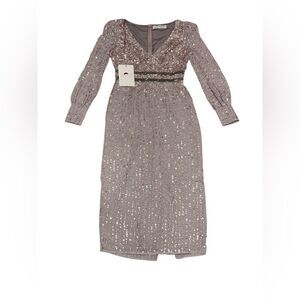 🆕 NWT MAC DUGGAL lilac SEQUINED V NECK BISHOP long SLEEVE mini DRESS 93593 sz 4